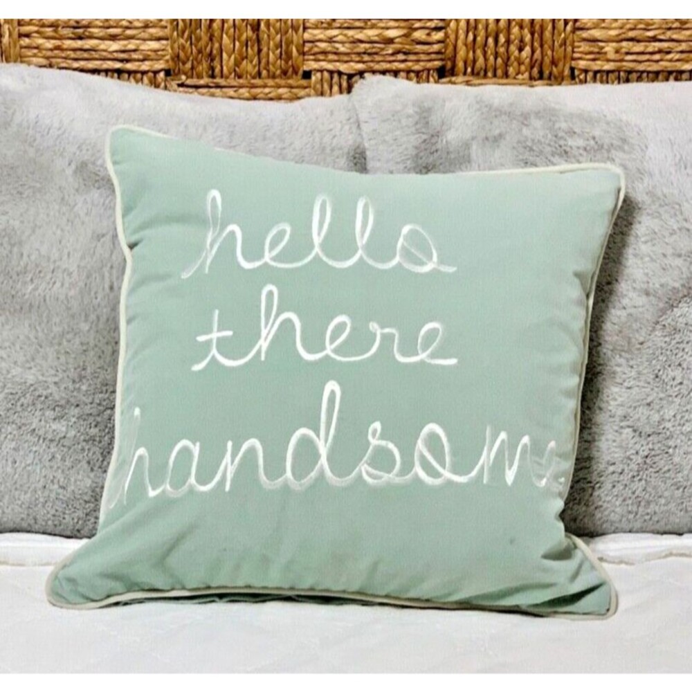 NEW Textured Velvet Pillow Cover Hello There Handsome 17x17 Blue Embroidered